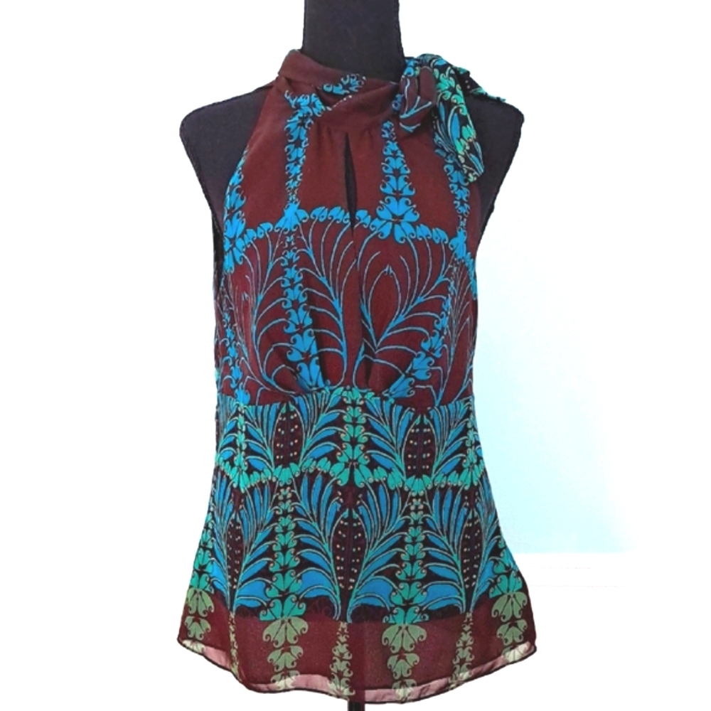 *BANDOLINO Gorgeous Tie-Neck Halter Top, Side Zip, Blue, Green, Brown, Size 8